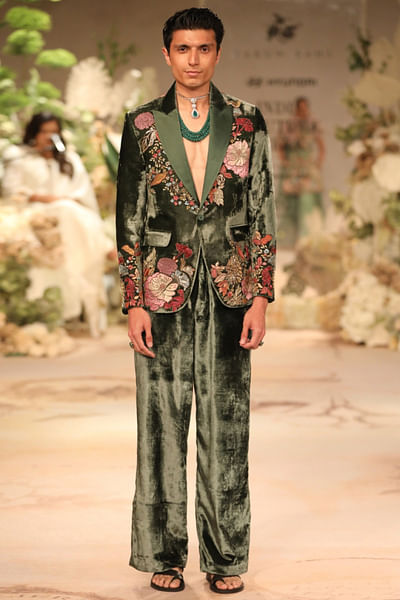 Sage green floral embroidered velvet suit set