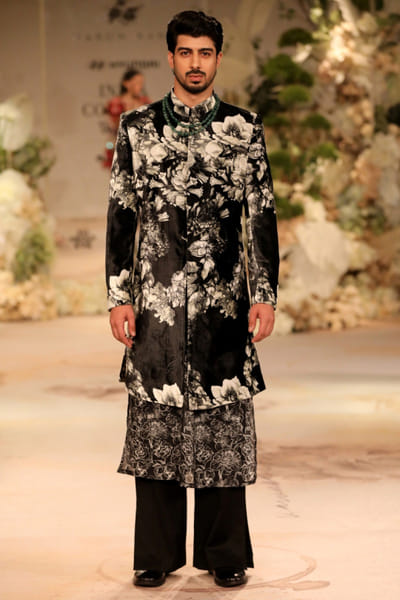 Black floral printed velvet sherwani set