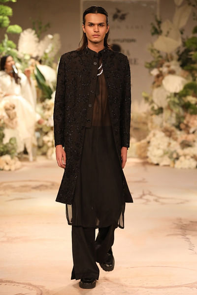 Black floral embroidered sherwani set