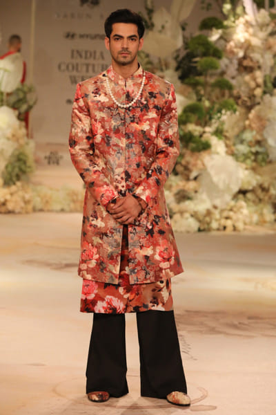Red floral printed brocade sherwani set