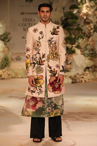 Pale pink floral velvet appliqued sherwani set