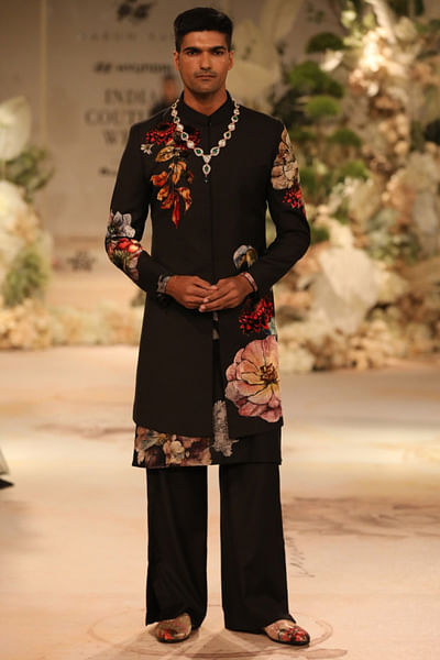 Black floral velvet appliqued sherwani set