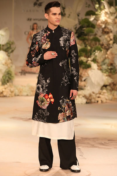 Black floral printed sherwani set