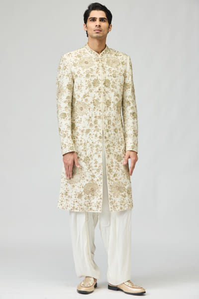Cream floral embroidered sherwani set