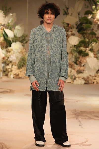 Seafoam blue floral embroidered cardigan set