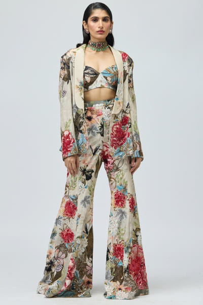 Ivory floral printed jacket set