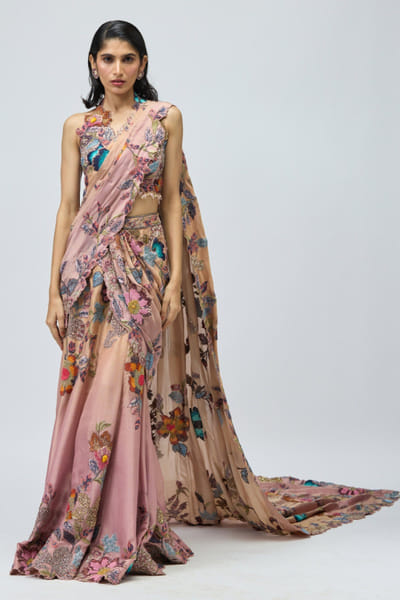 Pink floral thread embroidered draped sari set