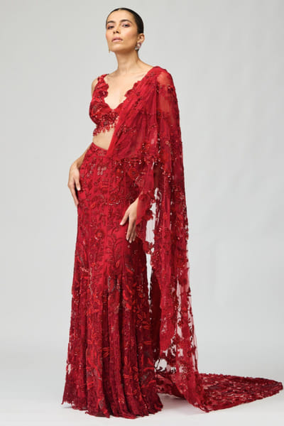 Red 3D floral embroidered draped sari set