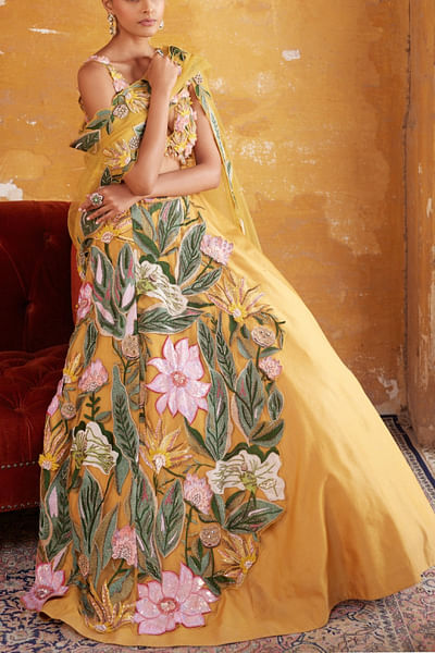 Tuscan yellow 3D floral work lehenga set