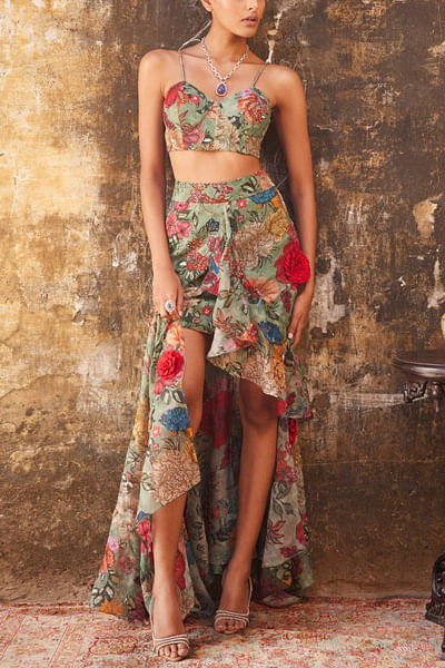 Sage green floral print skirt set