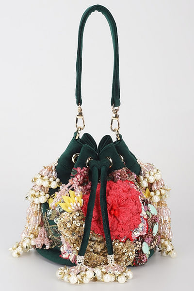 Emerald floral and sequin embellished potli