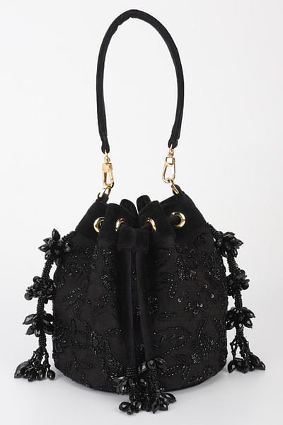 Black floral sequin bead embroidered potli bag