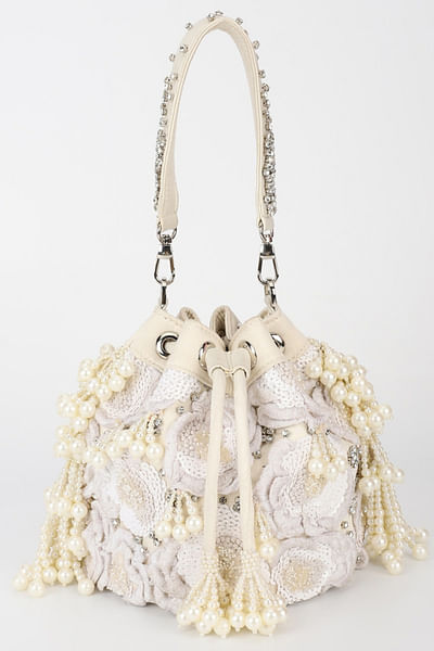 Ivory floral and pearl embellished potli bag
