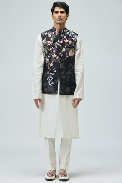 Black floral embroidered silk bandi