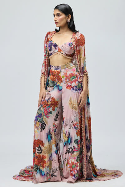 Pink floral printed and embroidered cape set