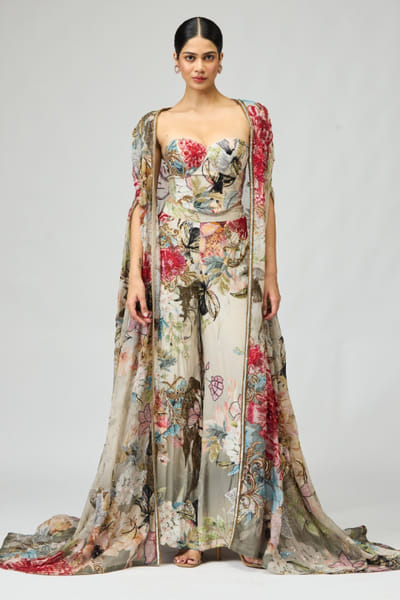 Ivory floral print embroidered cape set