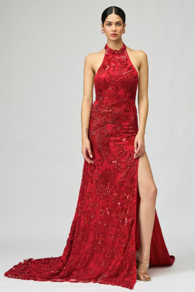 Red stone and sequin embellished gown