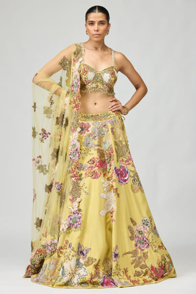 Lime green floral embroidered lehenga set