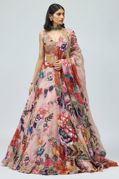 Pink floral printed lehenga set