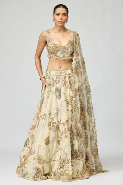 Ivory 3D leaf embellished lehenga set