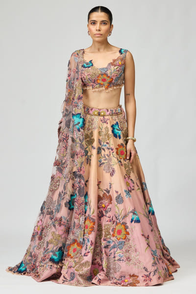 Pink ombre floral print embroidery lehenga set