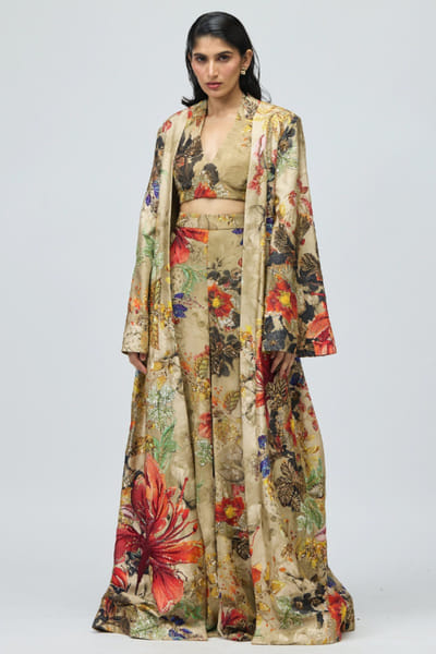 Beige floral printed jacket set