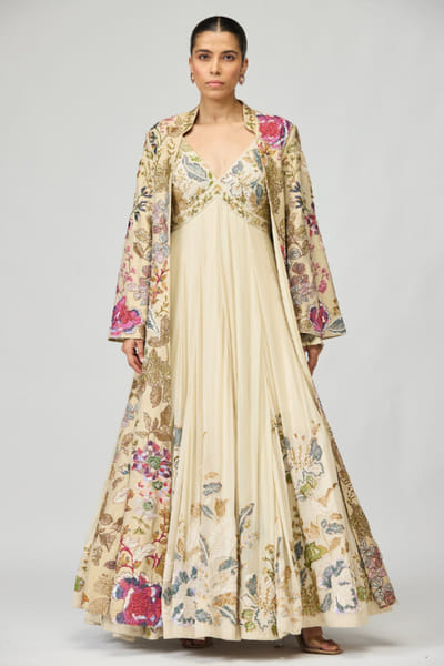 Ivory floral thread embroidered anarkali set