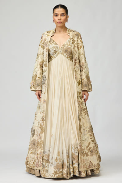 Ivory 3D leaf embellished jacket anarkali set