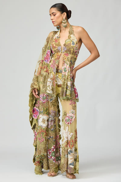 Beige floral thread embroidered sharara set