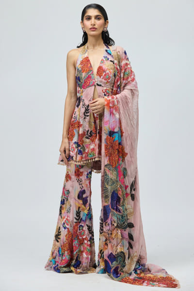 Pink floral printed kurta and sharara set