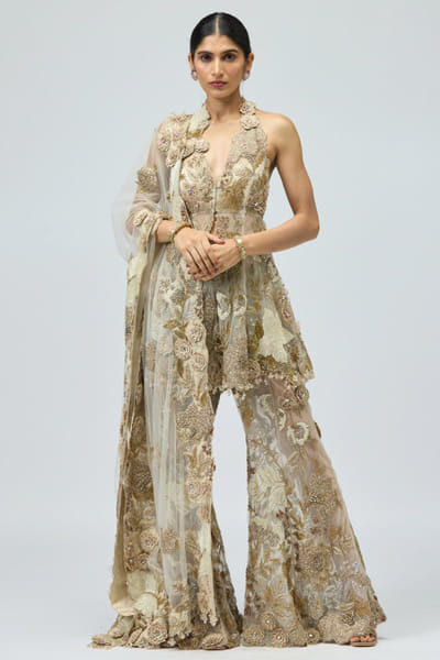 Beige 3D patchwork embroidered sharara set