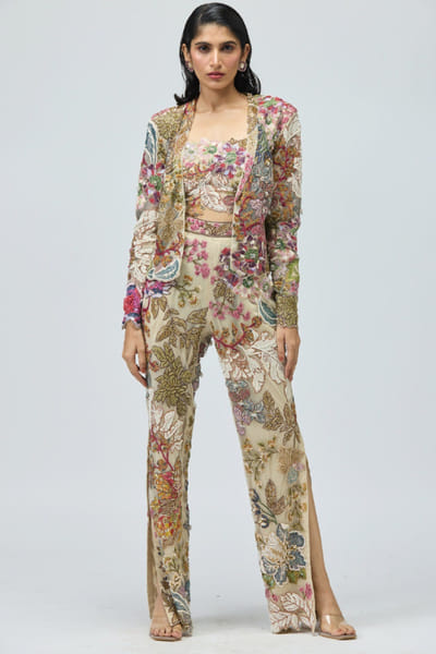 Ivory floral embroidered jacket set