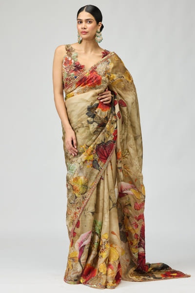 Beige floral print embroidered sari set
