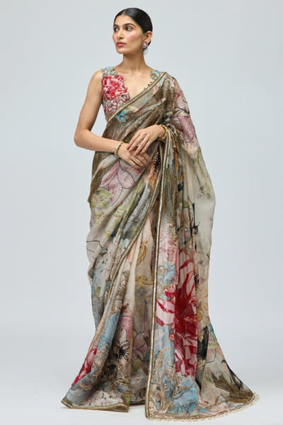 Green floral-nature printed sari set