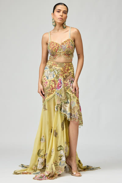 Green floral embroidered asymmetric skirt set