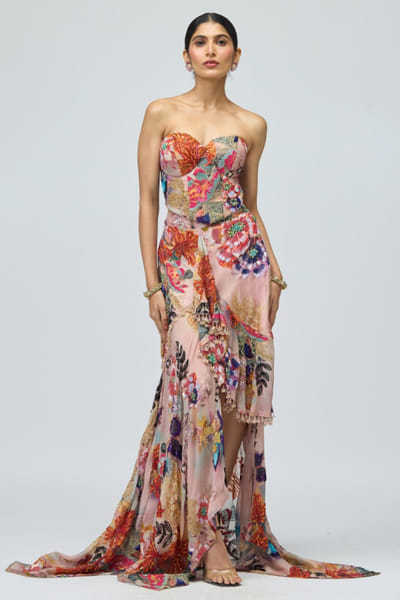 Pink floral printed corset and skirt set