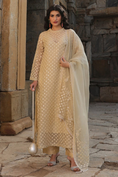 Beige aari dori and pearl embroidery kurta set