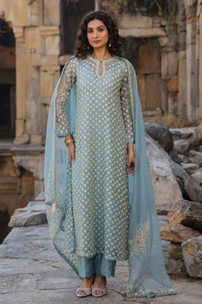 Blue aari dori and pearl embroidery kurta set