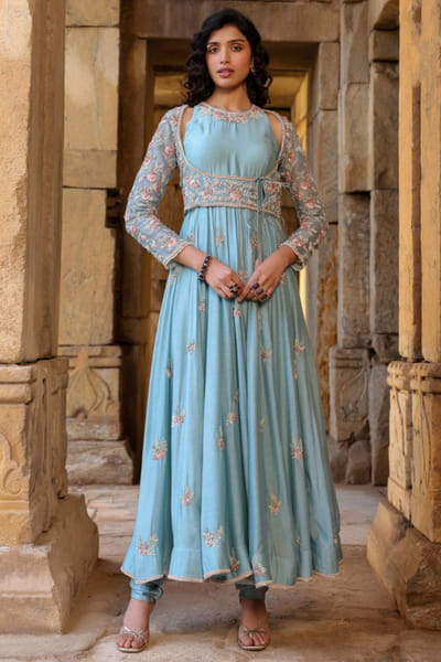 Light blue embroidered koti anarkali set