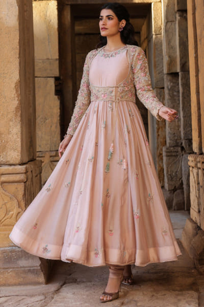 Light pink embroidered koti anarkali set