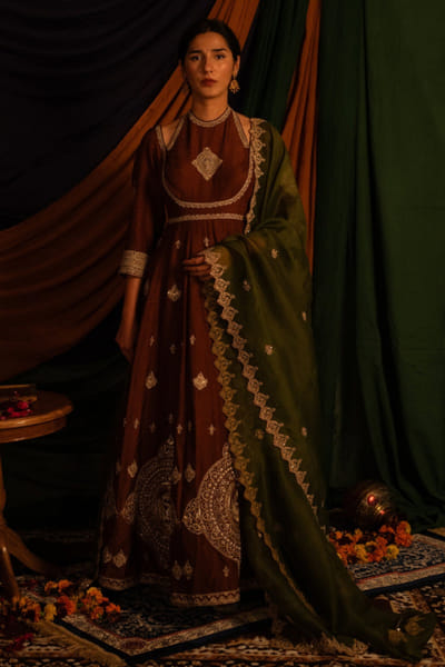 Nitika Bali Brown-green zardozi hand detailed anarkali set NITIJUL26D149259
