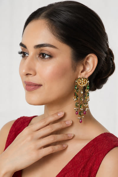 VIVINIA by Vidhi Mehra Green and ruby kundan tasselled earrings VIVIAUG26D253524