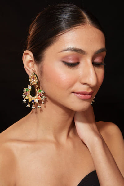 Multicolour gold plated kundan polki earrings