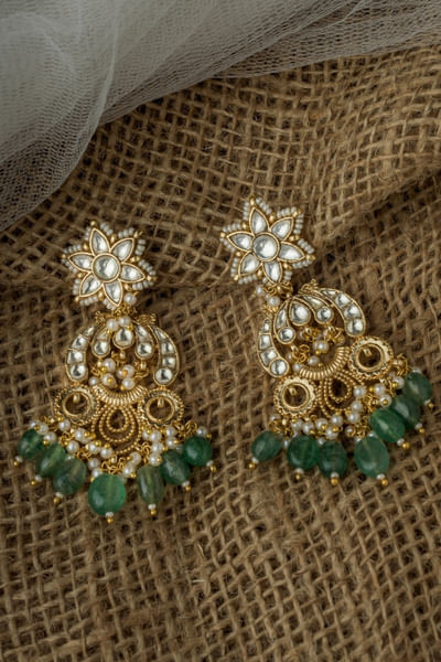 Gold and green kundan-polki earrings