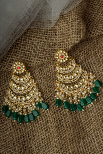 Gold and green kundan polki earrings