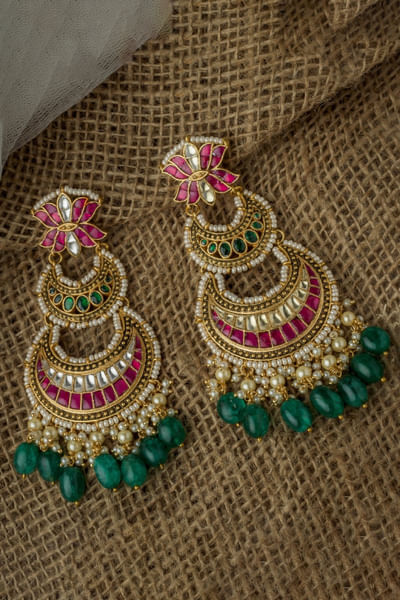 Green and pink stone embellished earrings