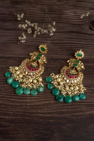 Gold and green embellished dangler earrings