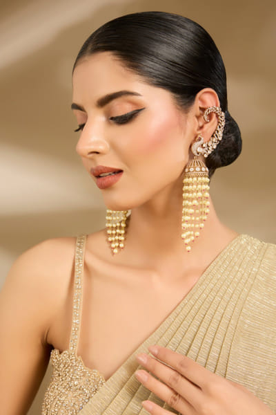 Gold pearl-stone embellished drop earrings