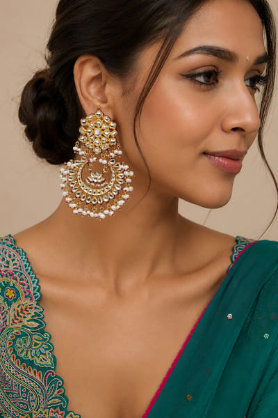 VIVINIA by Vidhi Mehra Gold kundan pearl chandbali earrings VIVIJUN26D146947
