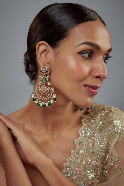 Gold and green kundan polki chandbalis